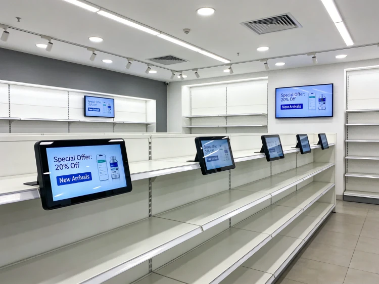Custom LCD retail signage deployment in a modern store environment, highlighting shelf-edge screens and commercial grade panels running reliably
